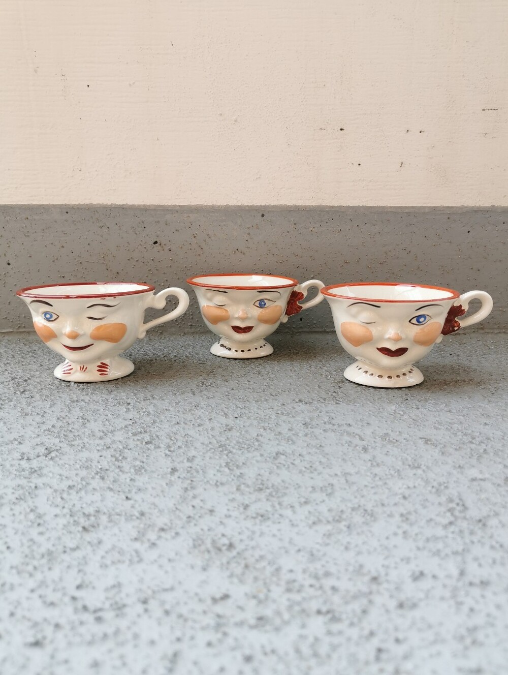 Vintage 1950s Staffordshire England Winking Face Teacups